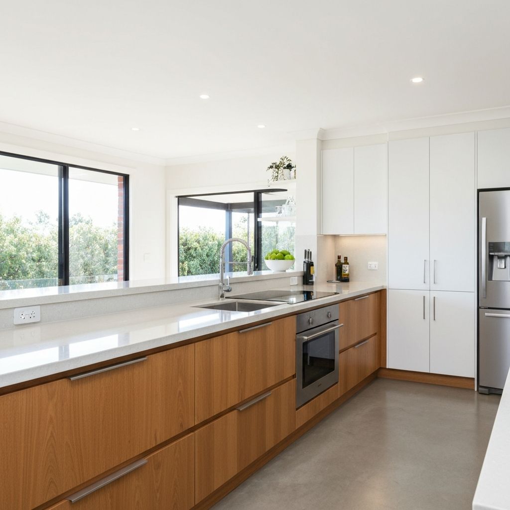 Pasadena kitchen with Polytec Boston oak and Polar white cabinetry