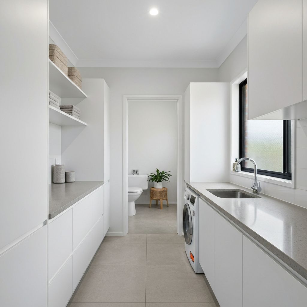 Crafers laundry with Polytec polar white and bleached concrete bench